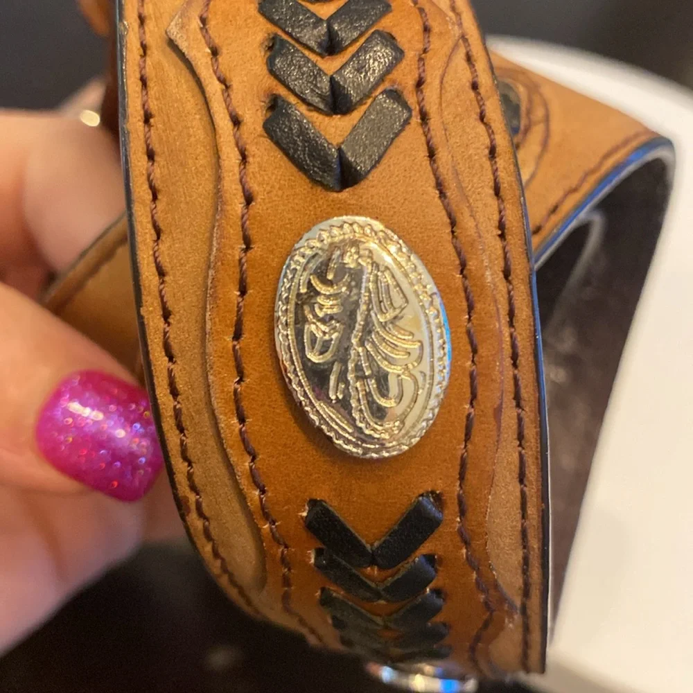 Nocona Western Leather Belt ~ Woven Inlay, Silver Conchos Interchangeable Buckle